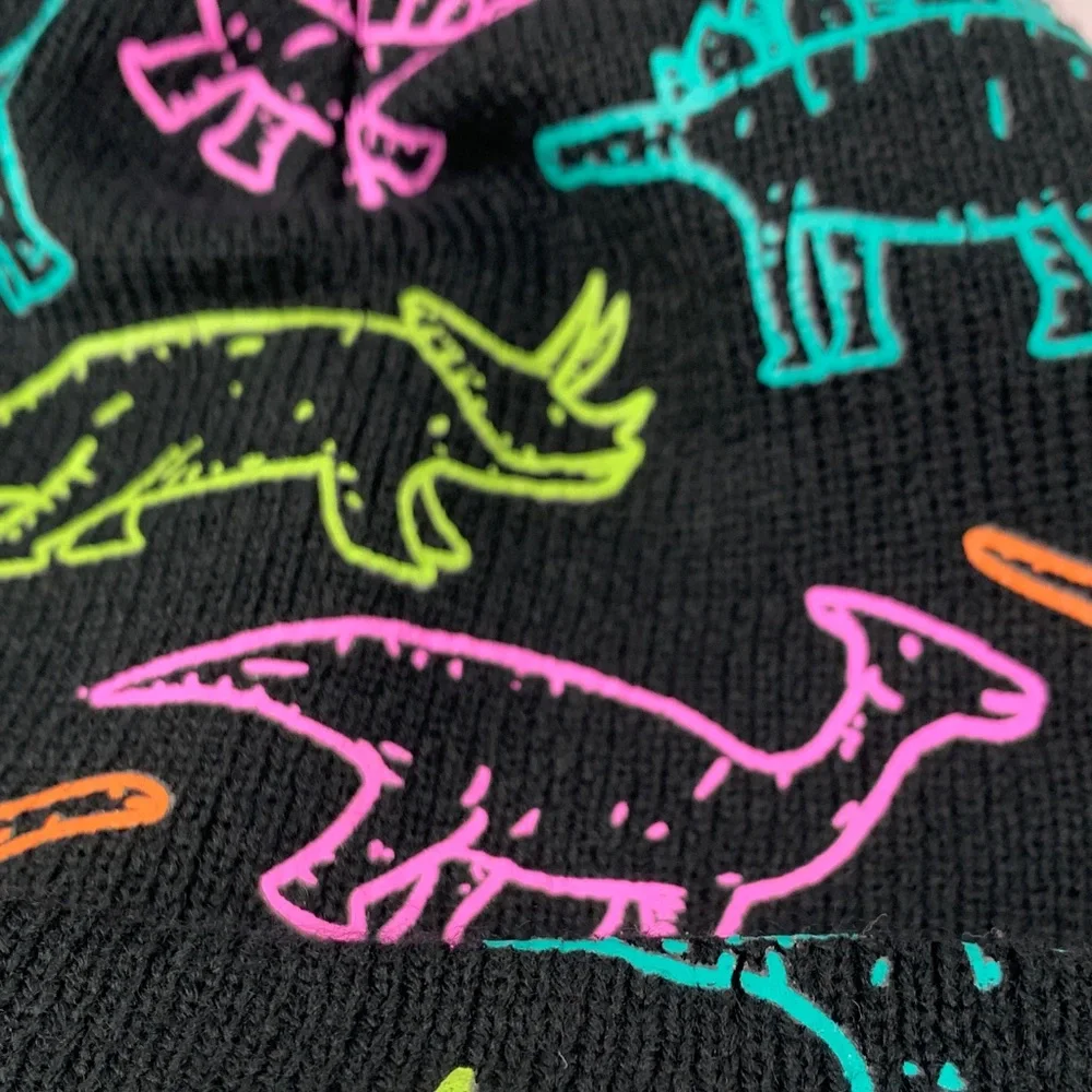 Dinosaur Adventure Kids Beanie Black Multicolor Print One Size Neon Colorful